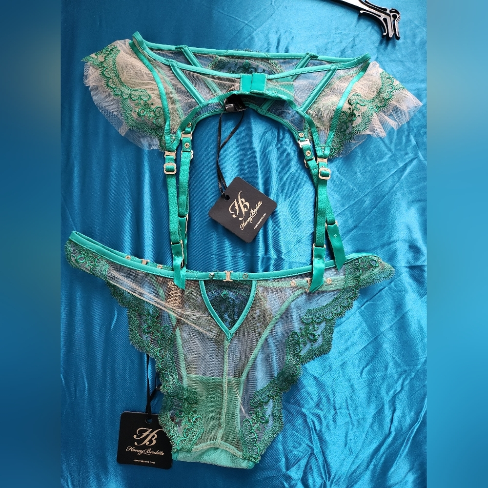 💋SET💋 Honey Birdette Gabrielle Emerald 32DD Brief Panty Small + Garter S NWT - Picture 5 of 12